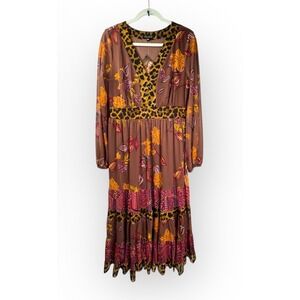 NWT IMAN Global Chic‎ Maxi Dress L Brown Floral Leopard Print Long Sleeve Tiered